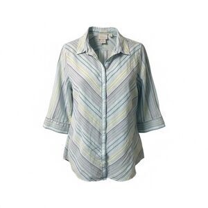 Chicos Sz 3/XL 100% LINEN No Iron Blue Green Blue Strip Bias Cut Shirt Top